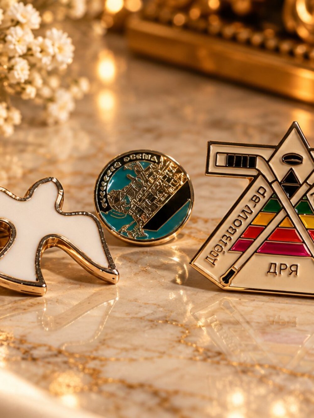 Vintage Enamel Lapel Pin Lot of 3 – Dove, Jerusalem & Colorful Geometric Design